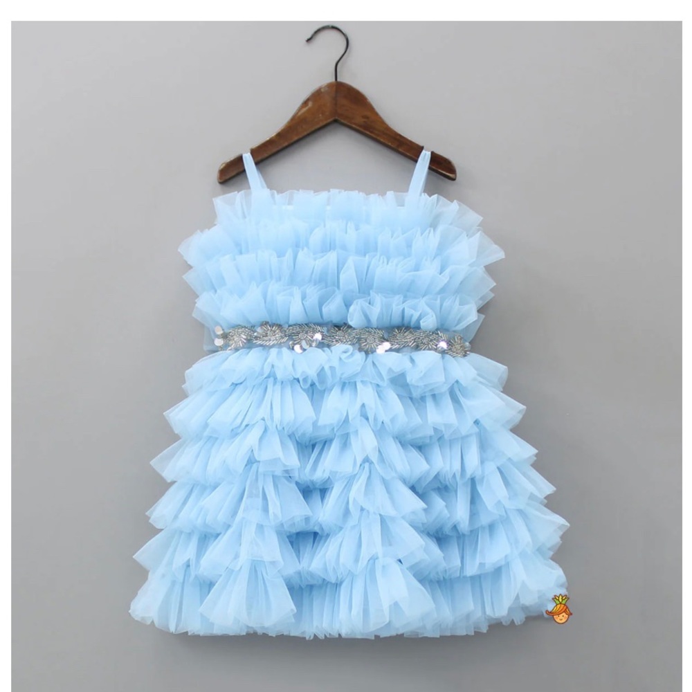 Ruffled Blue Dress With Fancy Belt